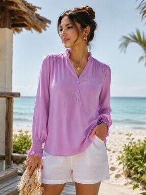 T Tahari Lavender Sheer Smocked Blouse XS Office Chic Quiet Luxury Top